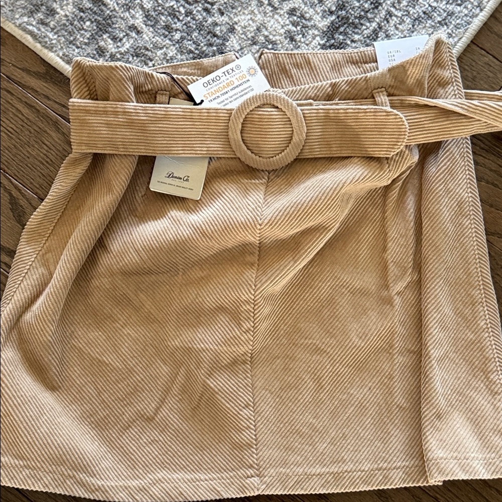 Corduroy Mini Skirt with Belt - Tan - Picture 1 of 5